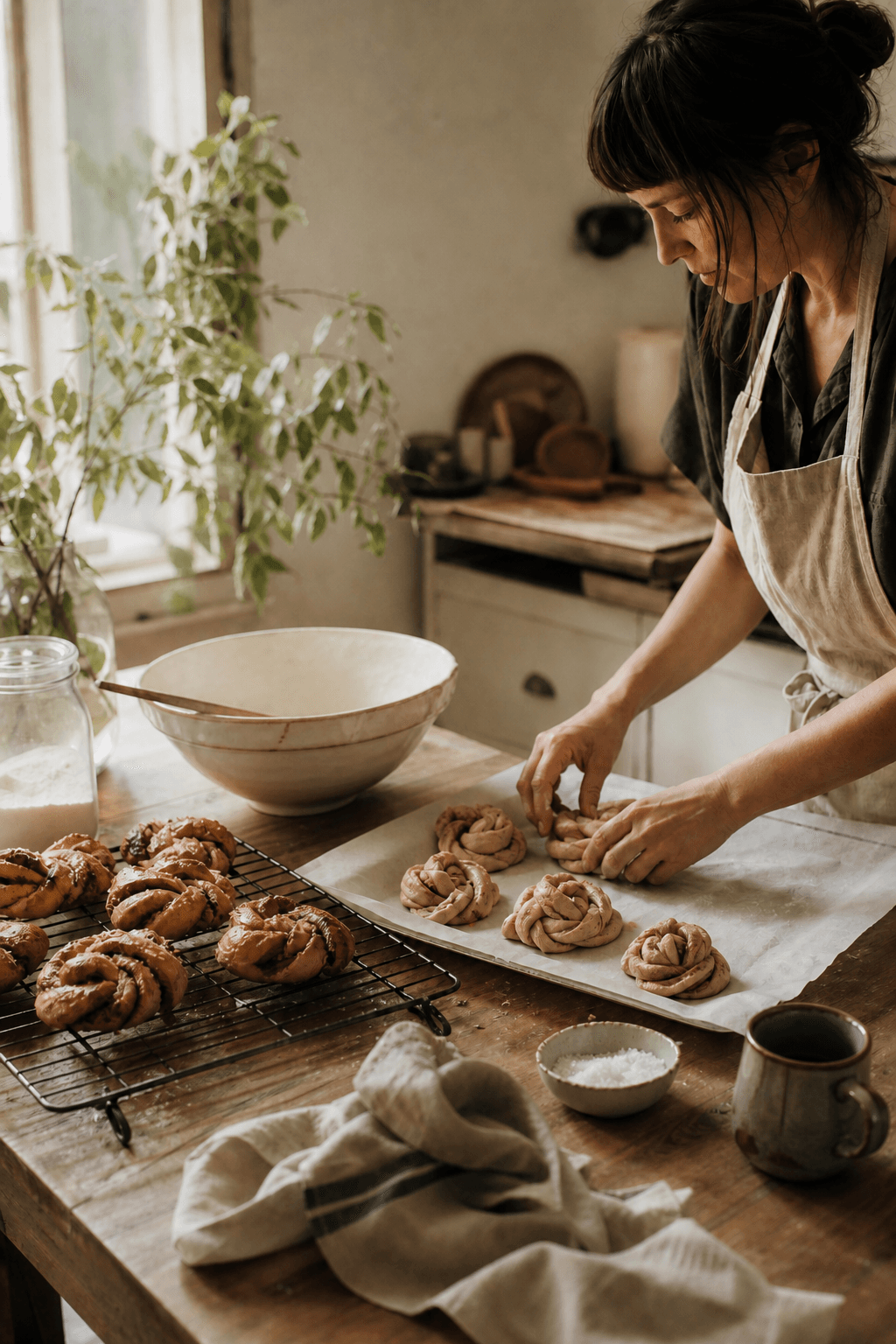 An independent home baker shaping pastries in a warm home kitchen